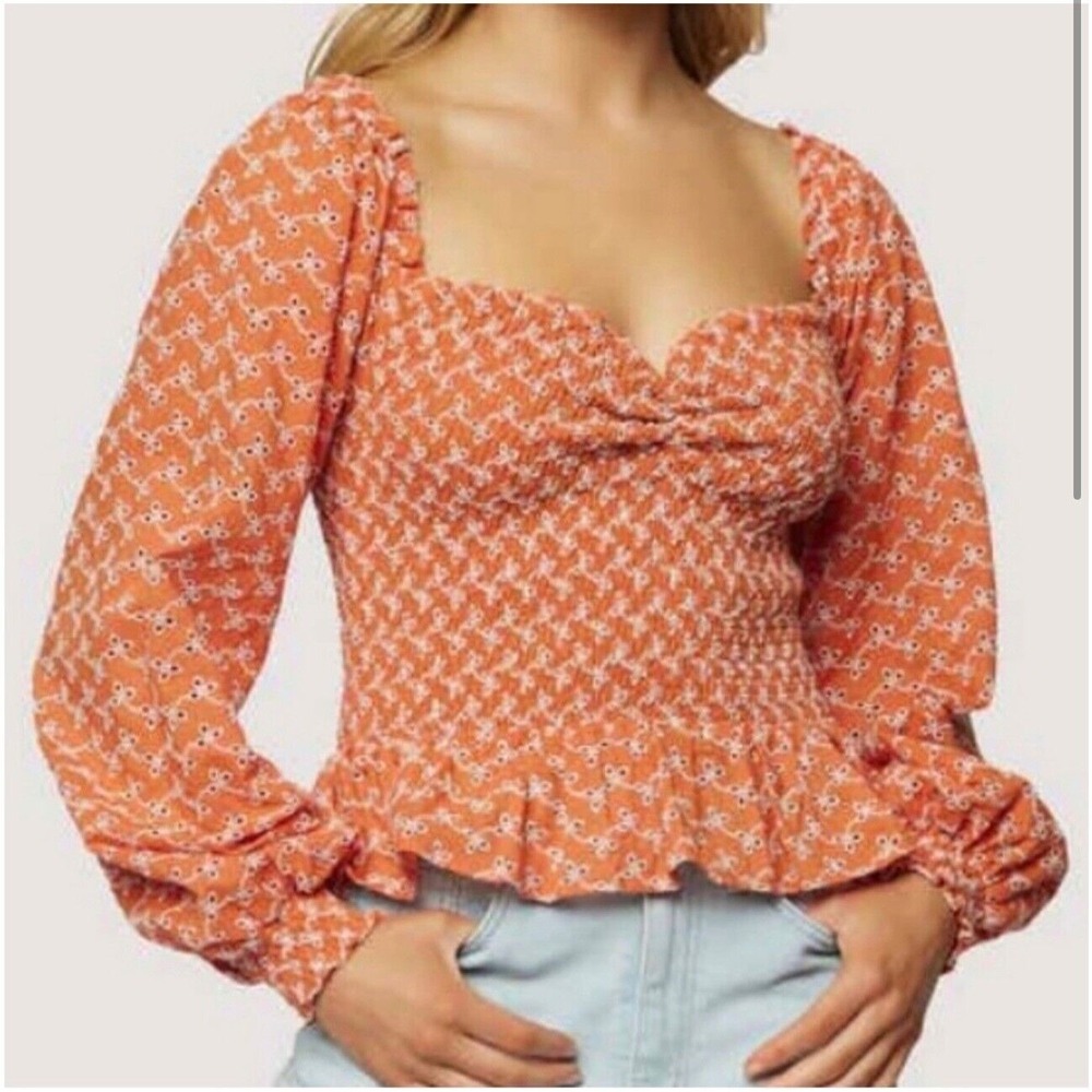 Lost Wander Smocked Top Eyelet Long Sleeve Sweetheart‎ Neck Blouse Size S